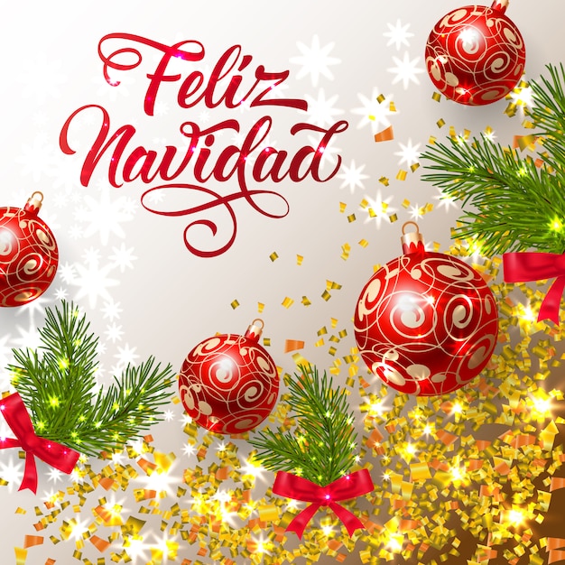 Feliz navidad napis z błyszczącymi confetti i jasnymi bombkami Darmowych Wektorów