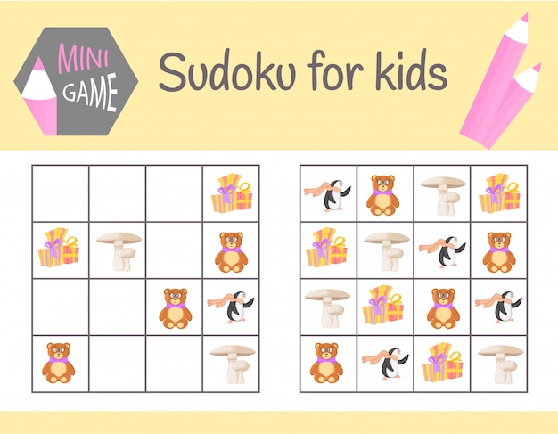 Gra sudoku dla dzieci ze zdjęciami i zwierzętami. arkusze dziecięce. nauka logiki, gra edukacyjna Premium Wektorów
