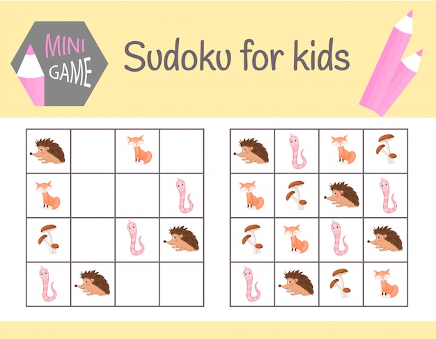 Gra sudoku dla dzieci ze zdjęciami i zwierzętami. arkusze dziecięce. nauka logiki, gra edukacyjna Premium Wektorów