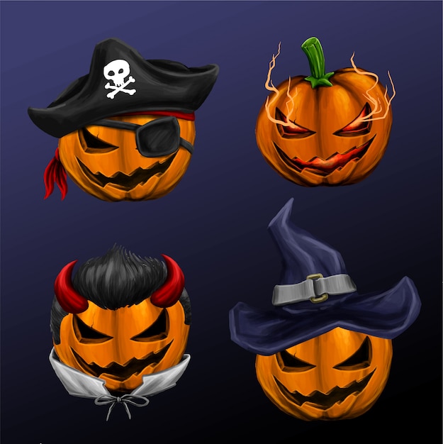 Halloweenowa głowa dyni z innym chłodnym charakterem Premium Wektorów
