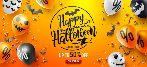 Halloweenowy plakat promocyjny z cukierkami na halloween i halloweenowymi balonami Premium Wektorów