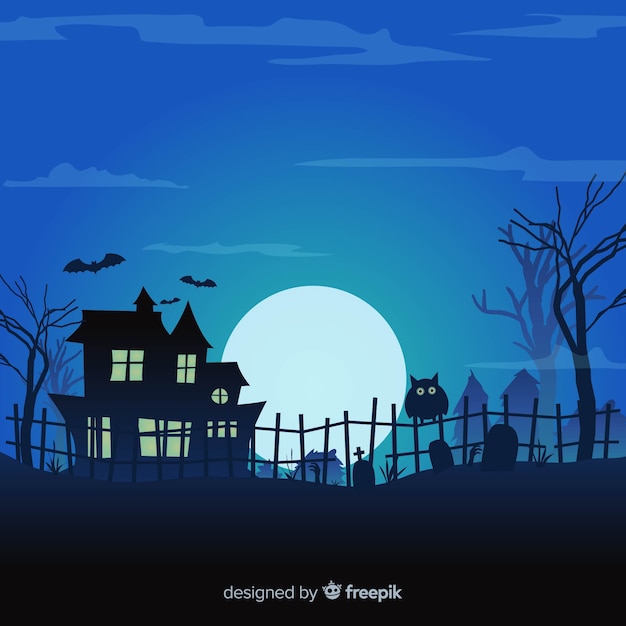 Halloweenowy tło projekt z nawiedzającym domem i cmentarzem Darmowych Wektorów