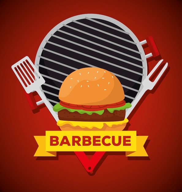 Hamburger z grilla z widelcem i sprzętem do grillowania Darmowych Wektorów