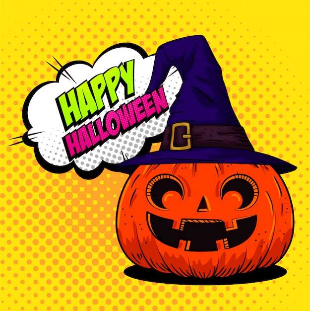 Happy halloween kartkę z życzeniami z dyni z kapeluszem czarownicy w stylu pop-art Darmowych Wektorów