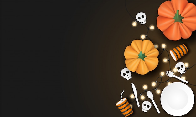 Happy halloween z dyni i zastawy stołowej na czarnym tle. Premium Wektorów