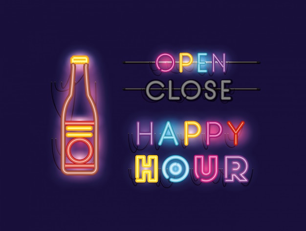 Happy hour z butelkami piwa neonowymi lampkami Premium Wektorów