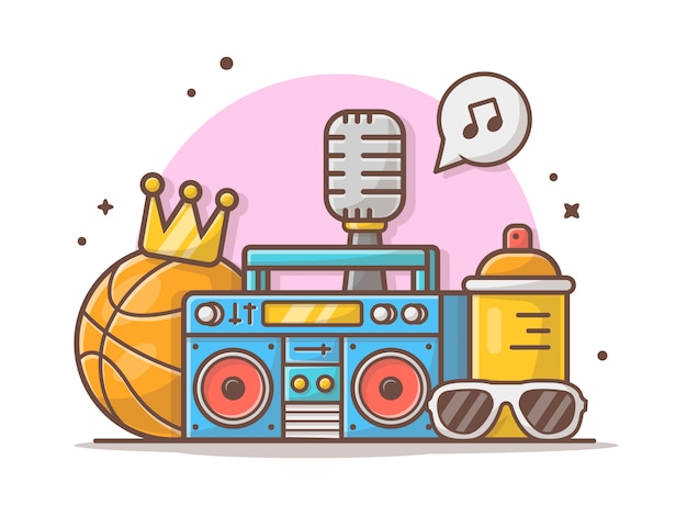 Hip Hop Muzyka Z Koszykówki, Boombox, Szkieł, Korony I Mikrofonu Ikony Wektoru Ilustracją. Muzyczny Ikony Pojęcia Biel Odizolowywający Premium Wektorów