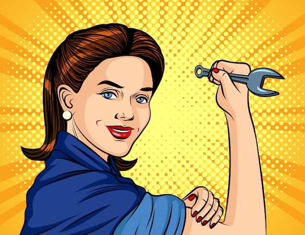 Ilustracja W Stylu Pop-art. Kobieta Z Kluczem W Ręku. Miedzynarodowy Dzień Pracy. Piękna Kobieta W Formie Roboczej Trzyma Klucz Premium Wektorów