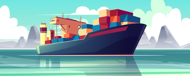 Ilustracja z statkiem dry-cargo na morzu, ocean. wysyłka handlowa, dostawa towarów. Darmowych Wektorów
