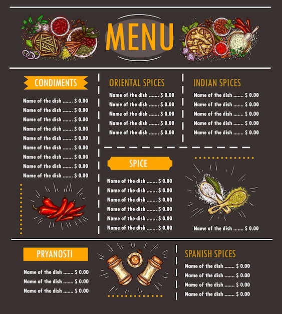 Ilustracji wektorowych menu z specjalną ofertą różnych ziół, przypraw, przypraw i przypraw Darmowych Wektorów