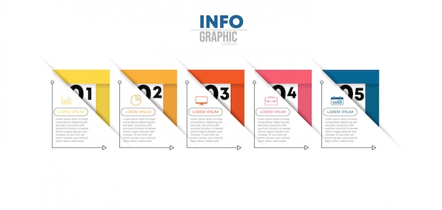 Infographic element z ikonami i 5 opcjami lub krokami. może być używany do procesu, prezentacji, schematu, układu przepływu pracy, wykresu informacyjnego Premium Wektorów