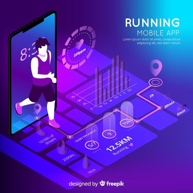 Isometric running infographic app mobilny Darmowych Wektorów