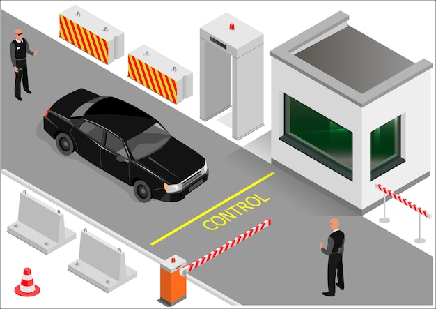 Izometryczne Osłony Budynków Lub Punkt Celny. Wejdź Do Strefy Transportu. Grafika Wektorowa Premium Wektorów