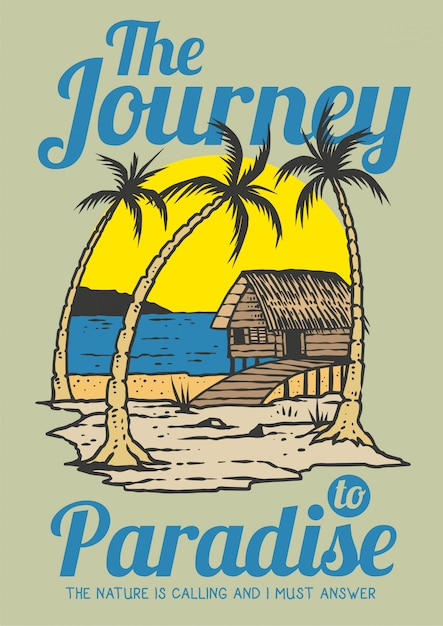 Kabiny plaży w letni dzień z tropikalnych palm i słońca w ilustracji wektorowych retro 80's Premium Wektorów