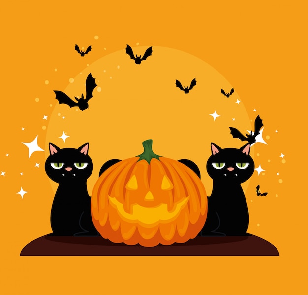 Karta halloween z czarnymi dyniami i kotami Darmowych Wektorów
