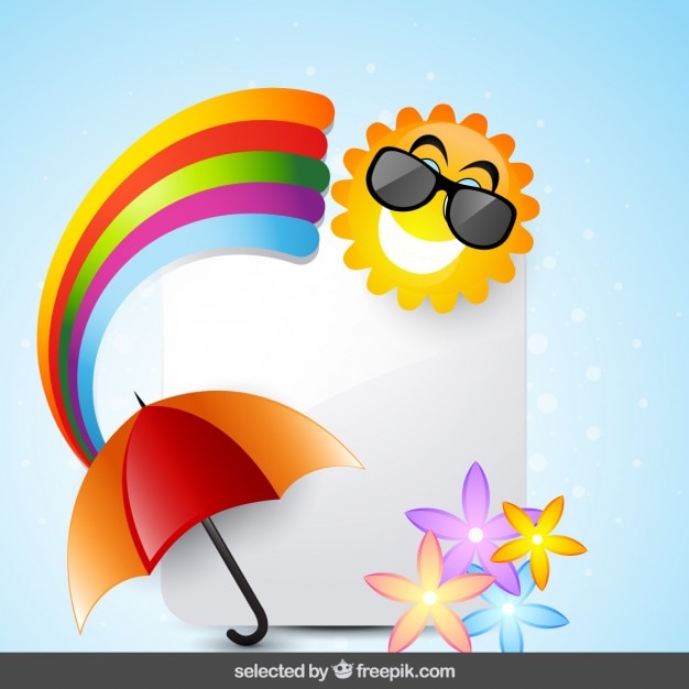 Karta z słońca, tęczy, parasol i kwiatów Darmowych Wektorów