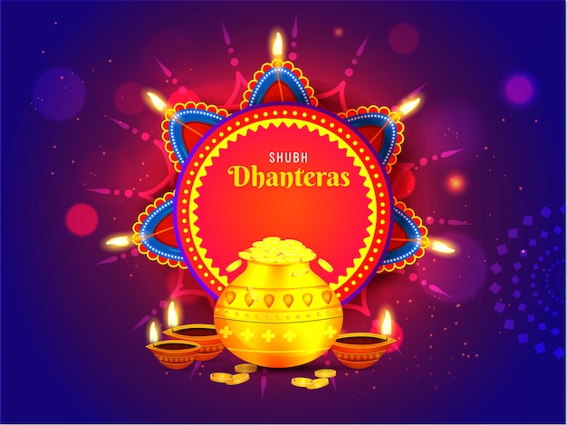 Kartkę z życzeniami shubh (happy) dhanteras ozdobioną oświetlonymi lampami naftowymi (diya) i złotą monetą na niebieskim tle efektu oświetlenia bokeh. Premium Wektorów