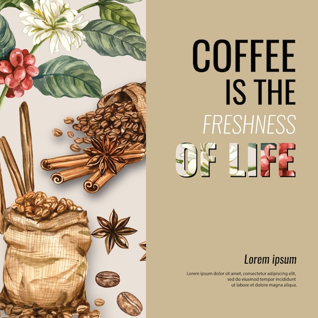 Kawa worek fasoli arabica z filiżanką kawy americano, cynamonowy ekspres do kawy akwarela ilustracji Darmowych Wektorów