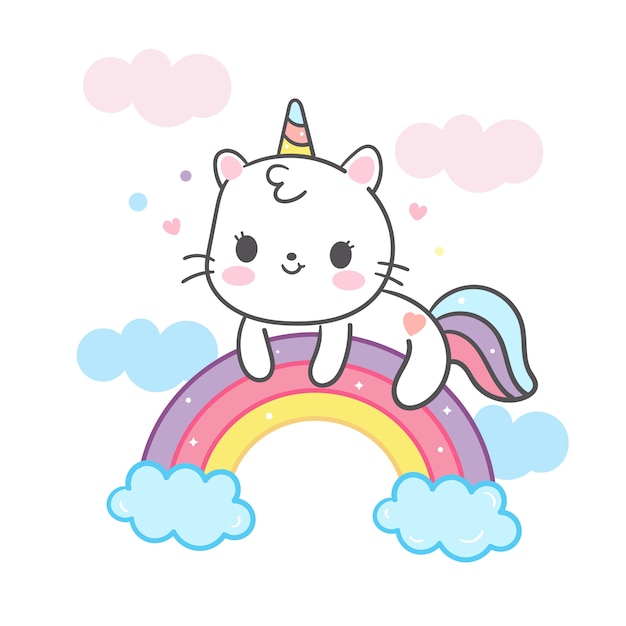 Kawaii kot kreskówka w jednorożca na tęczy Premium Wektorów