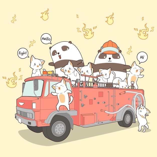 Kawaii Koty I Panda Strażak Na Wóz Strażacki W Stylu Kreskówki. Premium Wektorów