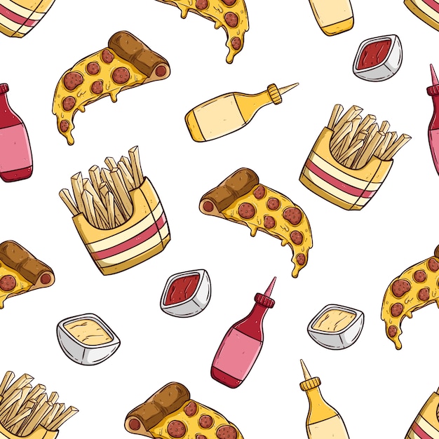 Kawałek Pizzy Z Frytkami W Szwu Z Stylu Kolorowe Ręcznie Rysowane Premium Wektorów