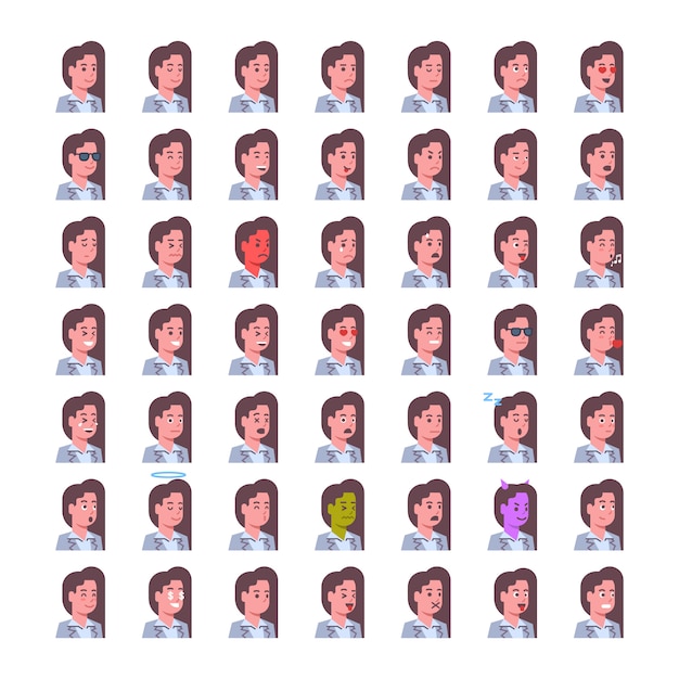 Kobiece uśmiechnięte ikony emocji zestaw na białym tle avatar kobieta wyraz twarzy koncepcja kolekcja twarzy Premium Wektorów