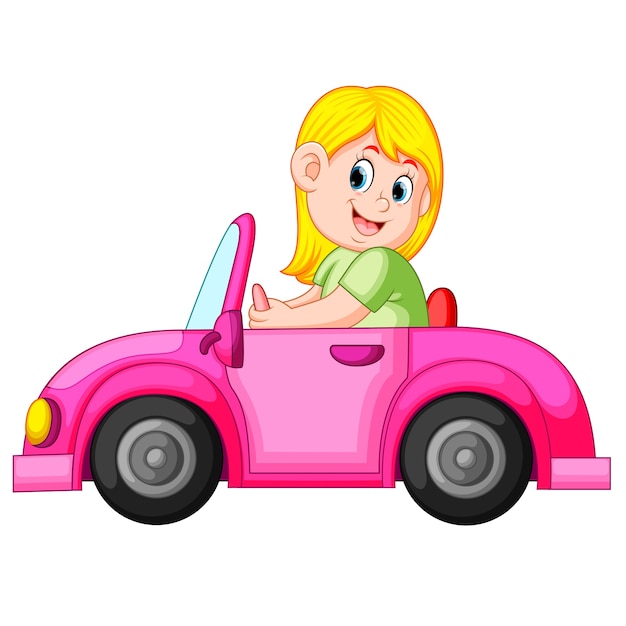 Kobieta Prowadzić Czysty Różowy Samochód Z Radosnym