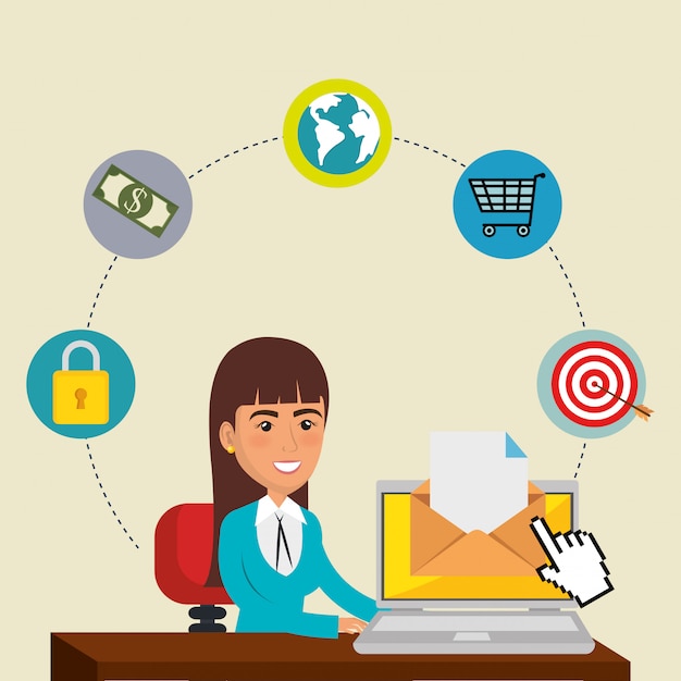 Kobieta w biurze z e-mail ikonami marketingu Darmowych Wektorów