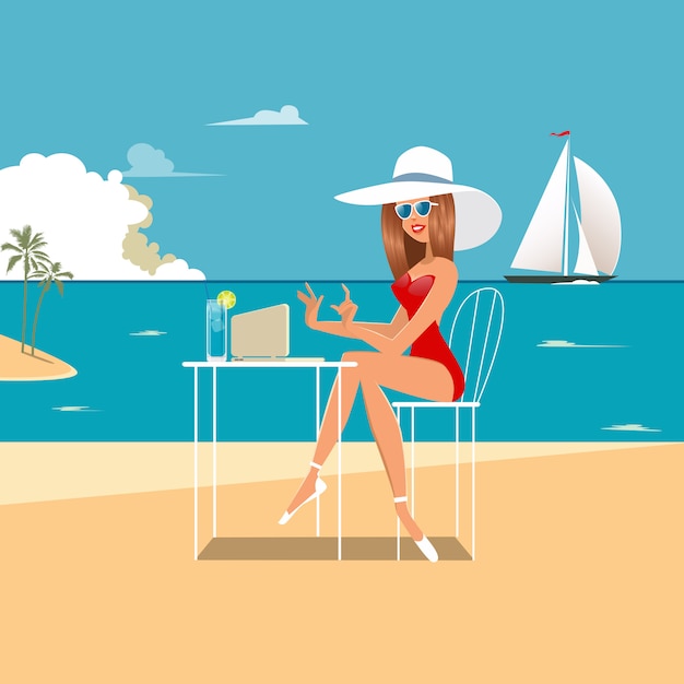 Kobieta z laptopem na plaży. dziewczyna pracuje na plaży. Premium Wektorów