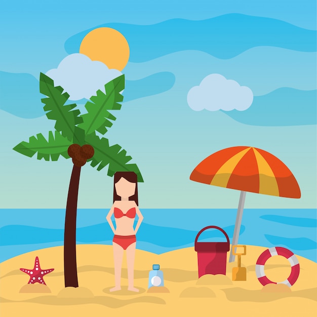 Kobiety pozycja w plażowej palmowej parasolowej wiadro łopaty sunblock słonecznym dniu Darmowych Wektorów