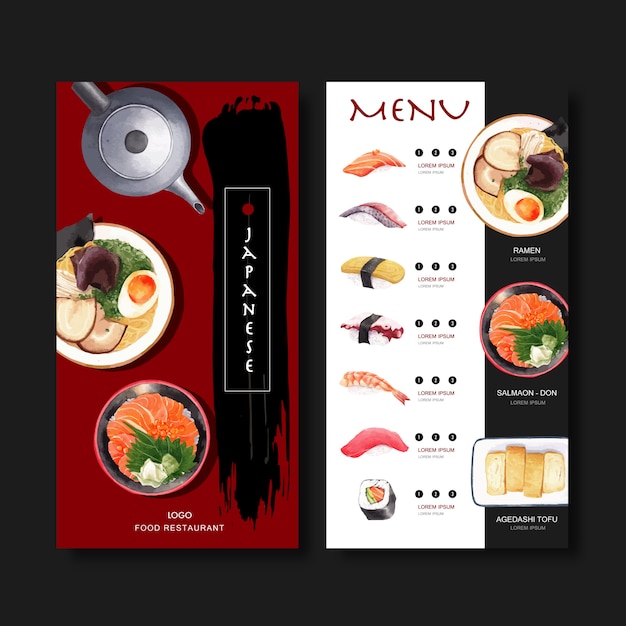 Kolekcja menu sushi dla restauracji. szablon z ilustracjami akwarela żywności. Darmowych Wektorów