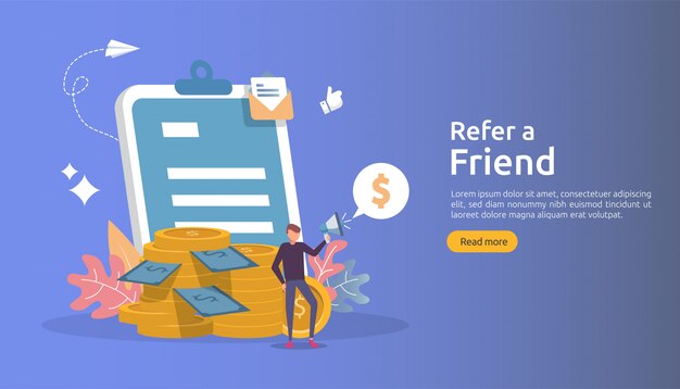 Koncepcja marketingu afiliacyjnego. poleć strategię przyjaciela. ludzie krzyczą megafon dzieląc się poleconymi partnerstwami biznesowymi i zarabiaj pieniądze. Premium Wektorów
