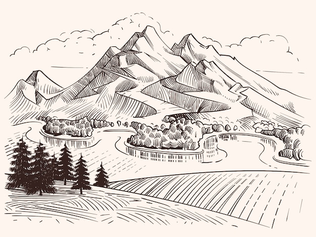 Krajobraz Górski Rysunek Ołówkiem Kreskówka Szkic Góry I