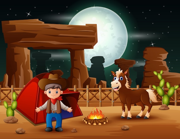 Kreskówka Kowboj Camping Z Koniem W Nocy Premium Wektorów