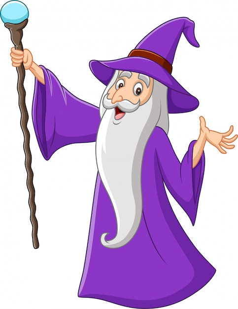 Kreskówka stary czarownik trzyma magicznego kij Premium Wektorów