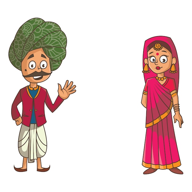 Kreskówki ilustracja rajasthani para. Premium Wektorów