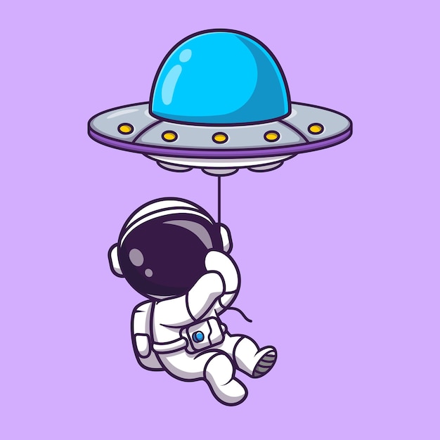 Ładny Astronauta Pływające Z Ufo Balon Kreskówka Wektor Ikona Ilustracja Nauka Technologia 0841