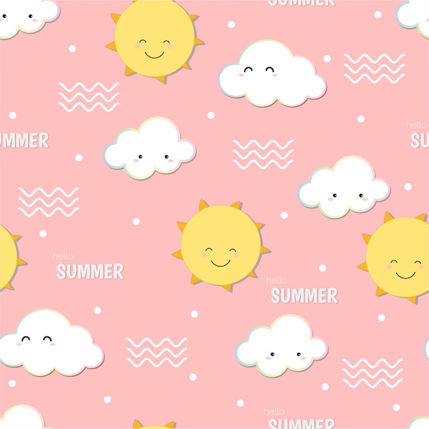 Ładny cześć lato, uśmiechnięte słońce i chmura doodle bezszwowe tło wzór. Premium Wektorów