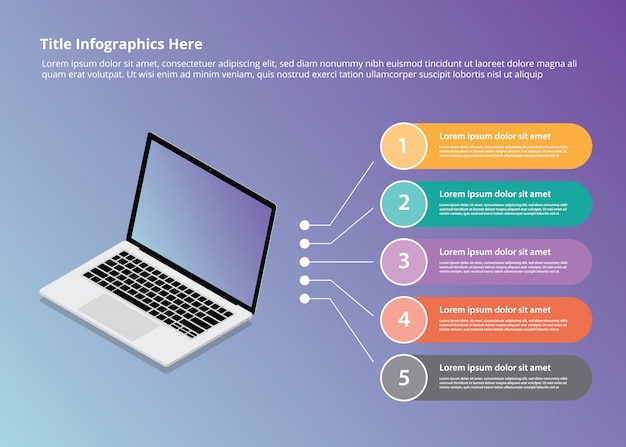 Laptop infografiki w stylu izometrycznym i 5 punktowych kul Premium Wektorów