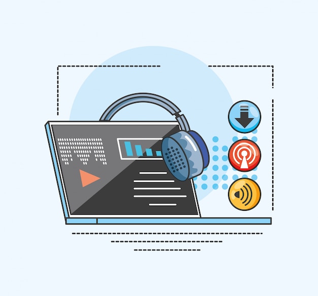 Laptop z gadżetem cyfrowego studia audio Premium Wektorów