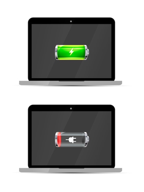 Laptopy z pełną i pustą błyszczącą baterią, odizolowane Premium Wektorów