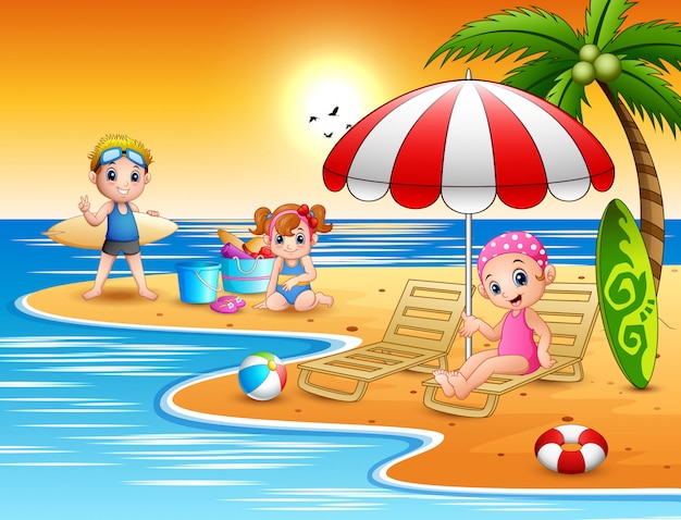 Letnie Wakacje Dzieci Na Plaży | Premium Wektor