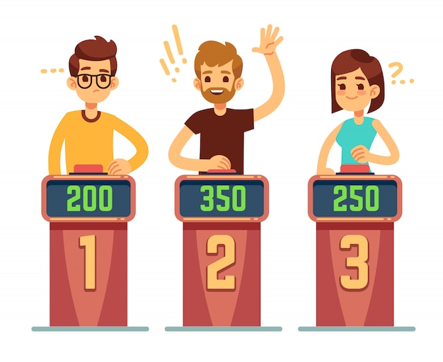 Ludzie Odpowiadający Na Pytania I Naciskający Przyciski Na Quizie. Koncepcja Gry Konkurencji Conundrum. Ilustracja Konkursu Gry, Inteligentny Quiz Premium Wektorów