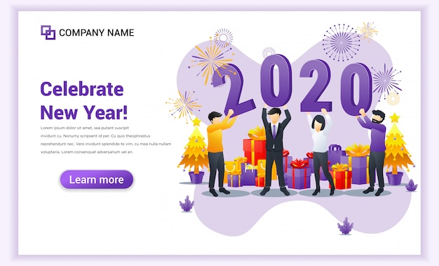Ludzie świętują Nowy Rok W Pobliżu, Trzymając Symbol Strony Docelowej O Numerach 2020 Premium Wektorów