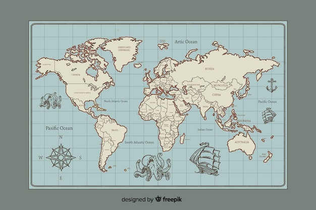Mapa świata w stylu vintage cyfrowy projekt Darmowych Wektorów