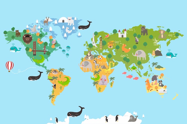 Mapa świata Zwierząt | Darmowy Wektor