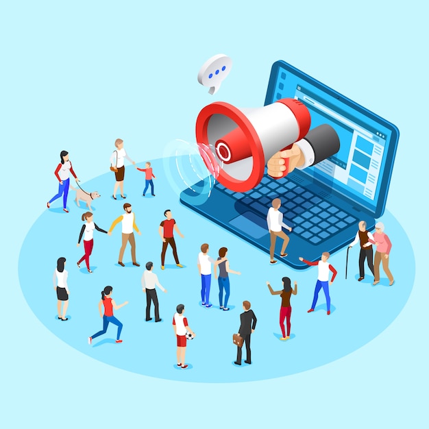 Marketing promocji internetowej. reklamowe ogólnospołeczne medialne megafon transmituje reklamy od laptopu ekranu pojęcia wektorowej isometric ilustraci Premium Wektorów