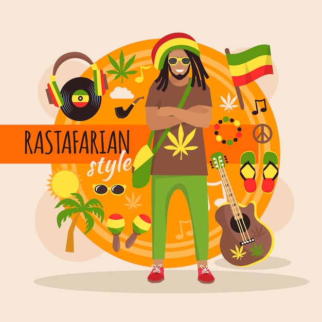 Męska rastafariańska paczka znaków ze stylowym dodatkiem i przedmiotami Darmowych Wektorów