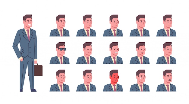 Męskie uśmiechnięte ikony emocji zestaw na białym tle avatar mężczyzna wyraz twarzy koncepcja kolekcja twarzy Premium Wektorów