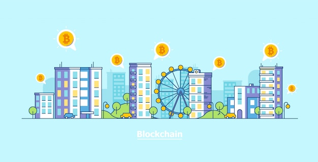 Miasto Kryptowalut. Bitcoin I Blockchain Technologii Płaska Wektorowa Ilustracja. Premium Wektorów